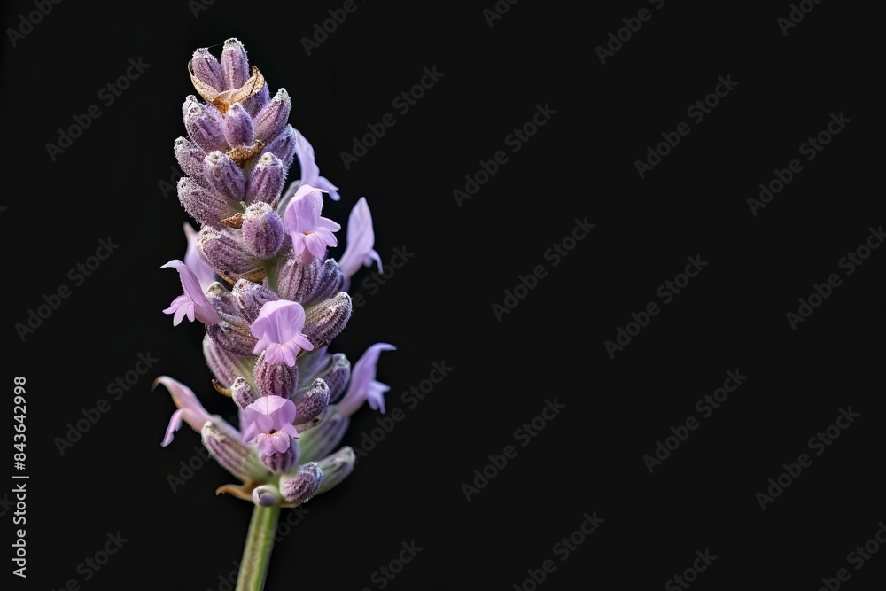 flower Photography, Lavandula pinnata, copy space on right, Close up view, Isolated on black Background flower Photography, Lavandula pinnata, copy space on right, Close up view, Isolated on black Background