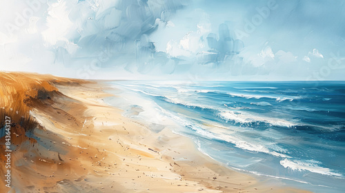 Impressionism, soft colors, blurred image of a sea beach with sand dunes and blue waves, oil texture background, brush strokes. photo