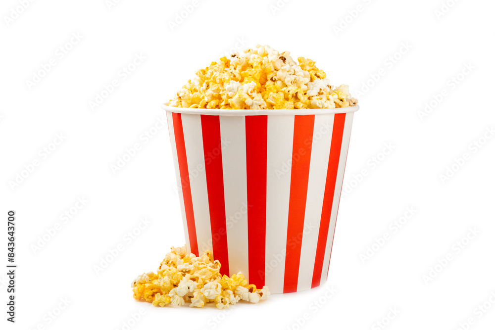 Popcorn box. Red and white striped buckets of popcorn isolated on white background. Cinema and entertainment concept. Movie night with popcorn. Cheesy popcorn. Delicious appetizer, snack. Popcorn box. Red and white striped buckets of popcorn isolated on white background. Cinema and entertainment concept. Movie night with popcorn. Cheesy popcorn. Delicious appetizer, snack.