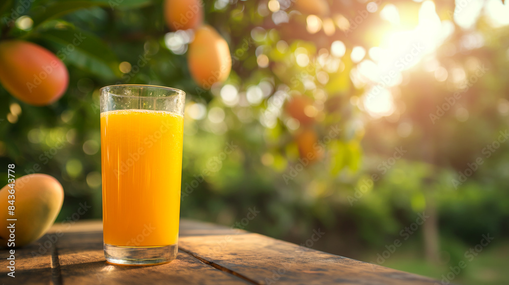 Glass of fresh mango juice on a wooden table, mango grove in the background with ripe mangoes on the trees, bright and tropical Glass of fresh mango juice on a wooden table, mango grove in the background with ripe mangoes on the trees, bright and tropical