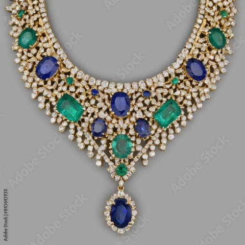 gold necklace, emerald diamonds and rubies