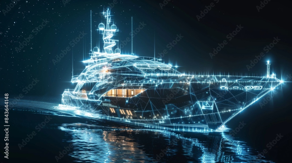 Fototapeta premium Glowing 3D model of luxury yacht.