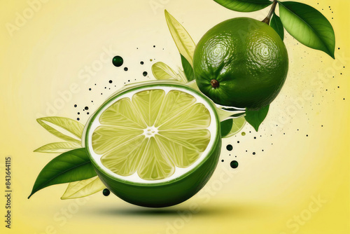Juicy ripe flying limes fruit and green leaves isolated on yellow background.