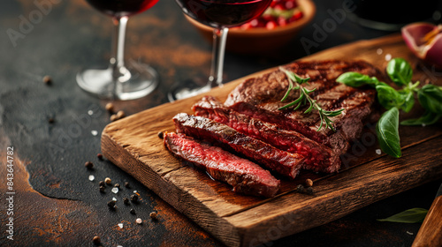 Grilled steak on a wooden board  sliced and ready to serve  accompanied by a glass of red wine  warm and cozy atmosphere  empty space for text 