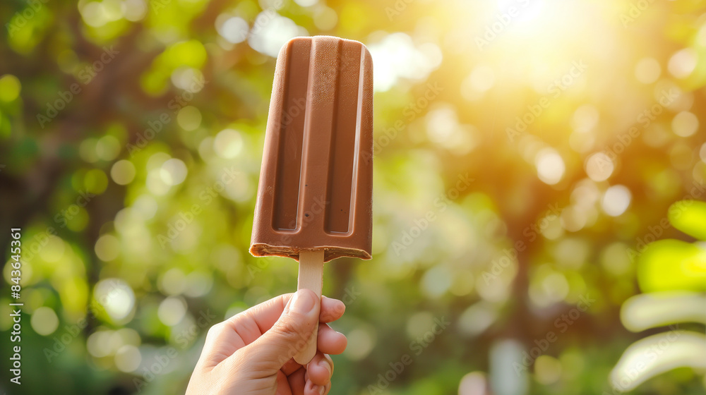 Hand holding a creamy chocolate popsicle ice cream stick, detailed texture, sunny outdoor background, cool and delicious treat Hand holding a creamy chocolate popsicle ice cream stick, detailed texture, sunny outdoor background, cool and delicious treat