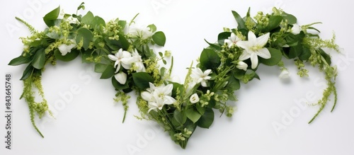 A heart shaped floral arrangement with green leaves stands alone on a white background This mesmerizing wedding design captures the essence of celebration with its festive flower arrangement and beau