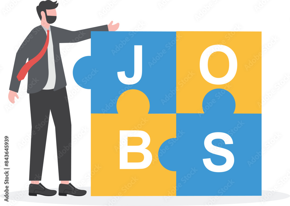 job or project completion with the concept of smart businessman completes the puzzle with the word jobs vector illustration with flat design style
job or project completion with the concept of smart businessman completes the puzzle with the word jobs vector illustration with flat design style