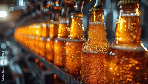 Close-up of beer bottles on a bottling line in a brewery, showcasing the automated process and the golden liquid with bubbles.