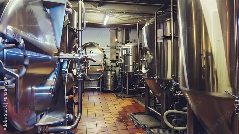 Obraz premium Modern brewery with stainless steel tanks and equipment for brewing craft beer in industrial setting