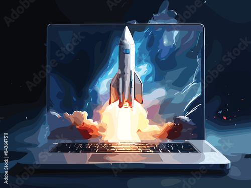 Boosting Performance Laptop Screen Launching Space Rocket Speed Up and Repair Concept