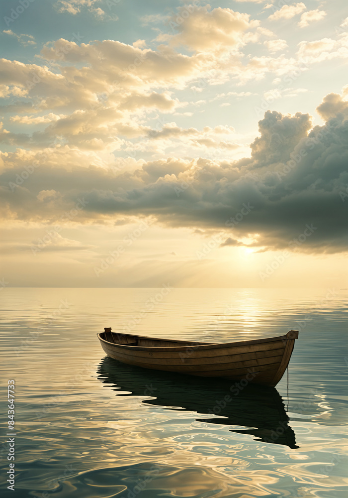A serene scene of a boat floating on calm water under a cloudy sky, with clouds overhead and the sun setting in the distance. A serene scene of a boat floating on calm water under a cloudy sky, with clouds overhead and the sun setting in the distance.