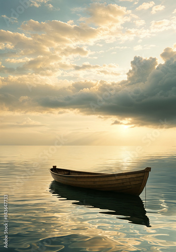 A serene scene of a boat floating on calm water under a cloudy sky  with clouds overhead and the sun setting in the distance.