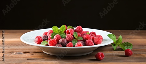 A plate with berries sits on a brown wooden table accompanied by a white deep bowl containing mint and a cut melon with raspberries scattered around it The background showcases a copy space image 200