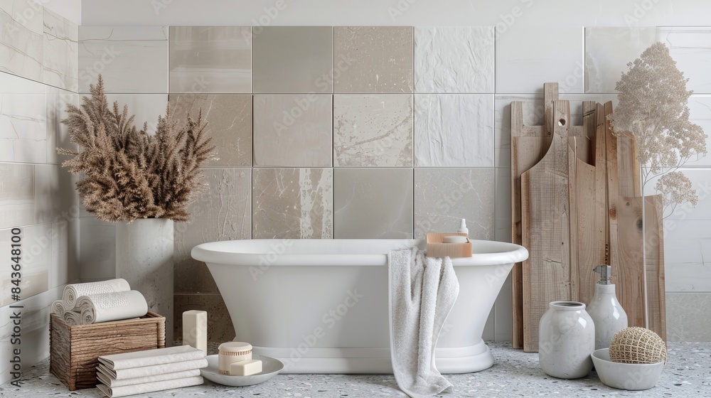 A moodboard presents tiles and textures for a bathroom scheme A moodboard presents tiles and textures for a bathroom scheme