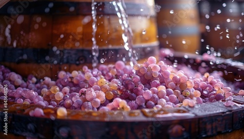 Close-up of fresh grapes being washed in a traditional wooden wine press, highlighting the beginning of the winemaking process. photo