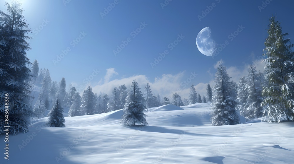Snow-covered trees in a winter forest at night with a snowy landscape Snow-covered trees in a winter forest at night with a snowy landscape