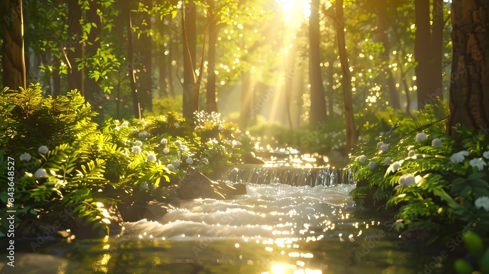 Fototapeta premium A forest scene with sunlight streaming through the trees and a waterfall in the background