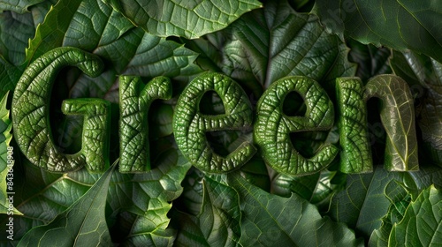 A close-up macro photograph of the word Green spelled out using green leaves. The image captures the essence of sustainability and ecoconsciousness photo