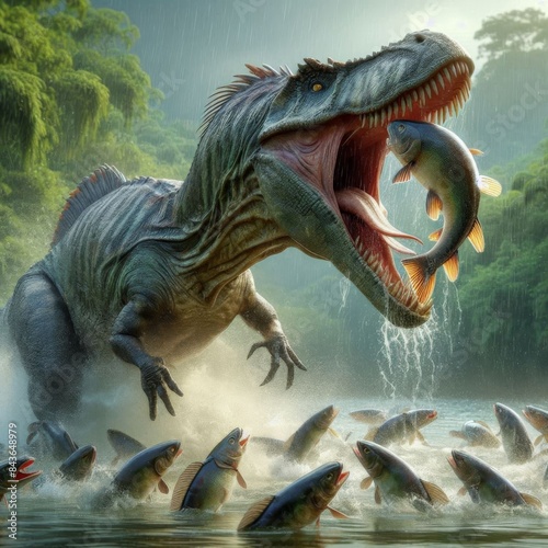 Detailed 4K image of Spinosaurus hunting fish