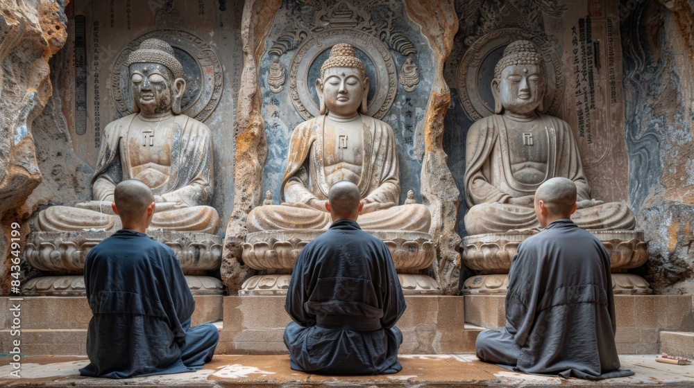 Caucasian monk in a Chinese monastery prays at an ancient wall with carved images of Buddha, immersed in his thoughts and prayers Caucasian monk in a Chinese monastery prays at an ancient wall with carved images of Buddha, immersed in his thoughts and prayers
