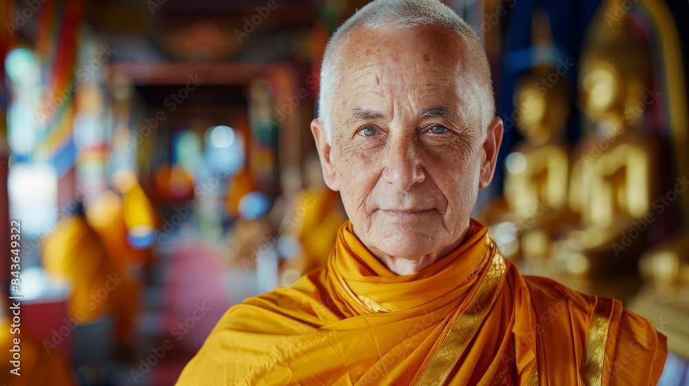 A happy, peaceful Caucasian monk stands against the backdrop of a Chinese monastery. A happy, peaceful Caucasian monk stands against the backdrop of a Chinese monastery.
