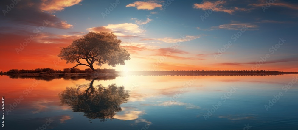 The serene sunset casts a tranquil reflection on the calm lake creating a picturesque scene with a peaceful atmosphere and gentle ripples in the water copy space image The serene sunset casts a tranquil reflection on the calm lake creating a picturesque scene with a peaceful atmosphere and gentle ripples in the water copy space image