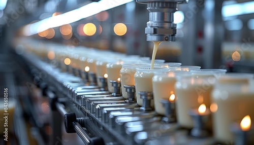 Close-up of an automated production line in a factory, filling candles with wax in a high-efficiency manufacturing process.