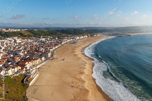 Aerial view of Nazare city and Praia da Nazare Beach  Portugal