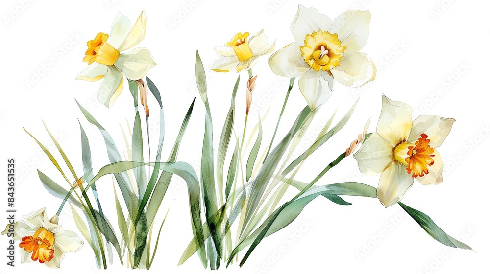Beautiful watercolor illustration of yellow and white daffodils, perfect for spring and nature-themed designs. Beautiful watercolor illustration of yellow and white daffodils, perfect for spring and nature-themed designs.