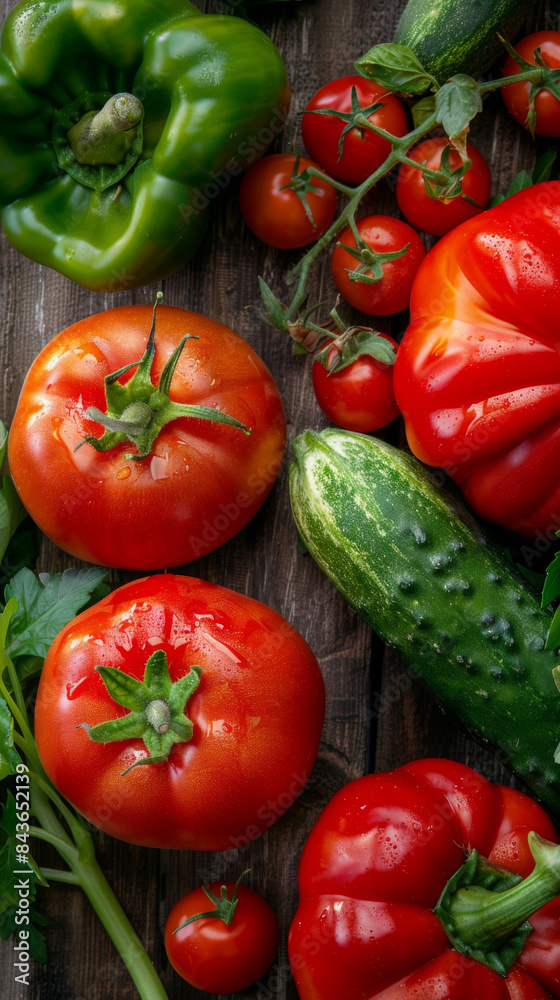 A variety of vegetables including tomatoes, cucumbers A variety of vegetables including tomatoes, cucumbers