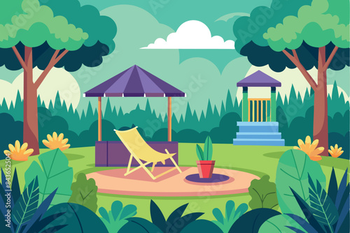 In the background you can see a carousel with a striped roof, surrounded by various trees and plants. In the foreground is a seating area with a red chaise lounge, a small table that appears to have b