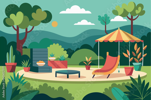 In the background you can see a carousel with a striped roof, surrounded by various trees and plants. In the foreground is a seating area with a red chaise lounge, a small table that appears to have b