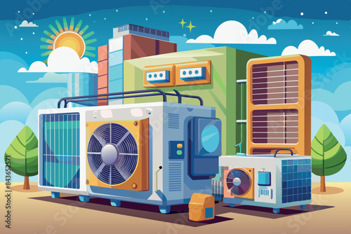 various types of air conditioners.  The background includes a cityscape. the theme demonstrates the different air conditioning technologies that can be used in urban settings to regulate the climate.