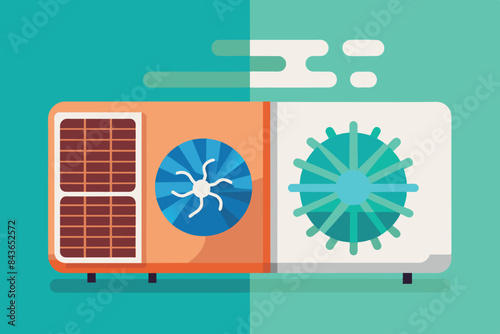 various types of air conditioners.  The background includes a cityscape. the theme demonstrates the different air conditioning technologies that can be used in urban settings to regulate the climate.
