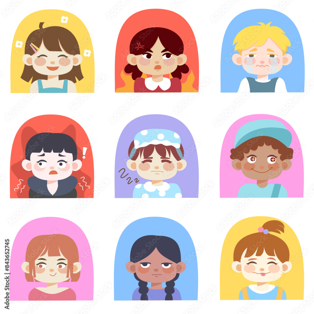 Kids faces illustration flat expression for learning set Kids faces illustration flat expression for learning set