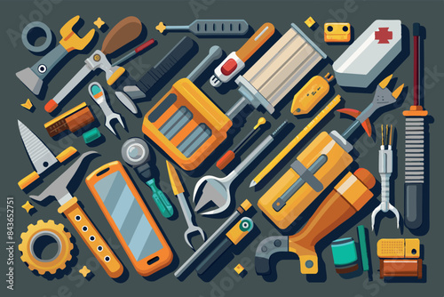 a set of various tools used for construction or repair work.  The set includes a hammer, wrenches, screwdriver, pliers, utility knife, tape measure, chisel or punch, and an electronic measuring device