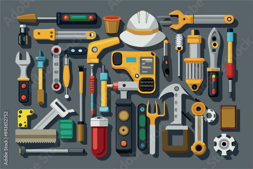 a set of various tools used for construction or repair work.  The set includes a hammer, wrenches, screwdriver, pliers, utility knife, tape measure, chisel or punch, and an electronic measuring device