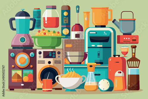 various household appliances and goods. A washing machine, blender, iron, toaster, coffee maker and other containers are visible. The background hints that these items are in the kitchen or laundry ro