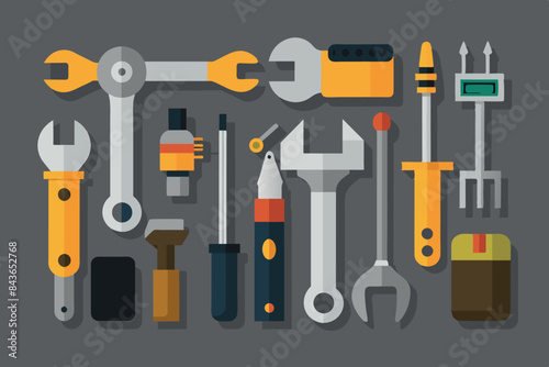 a set of various tools used for construction or repair work.  The set includes a hammer, wrenches, screwdriver, pliers, utility knife, tape measure, chisel or punch, and an electronic measuring device