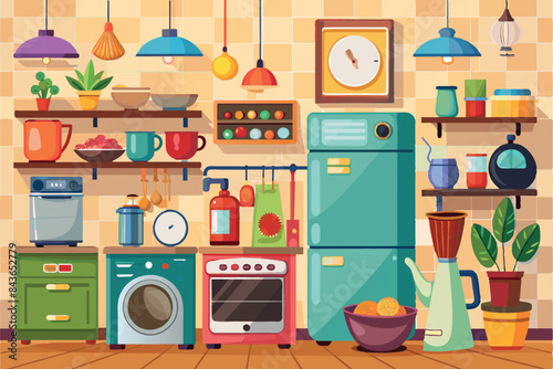 various household appliances and goods. A washing machine, blender, iron, toaster, coffee maker and other containers are visible. The background hints that these items are in the kitchen or laundry ro