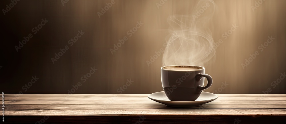 A sepia toned image of a coffee cup placed on a wooden table with empty space around it for copy