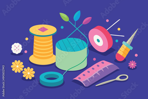 sewing kit. It contains several spools of thread of different colors, a pin cushion with needles stuck in it, scissors, buttons and a tape measure.