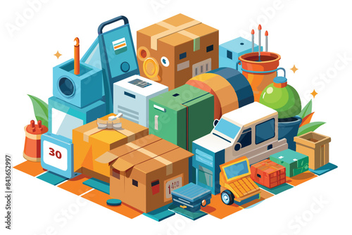 The image shows a variety of objects related to moving or storage. Among the visible objects are: cardboard boxes, a washing machine, a suitcase, plastic containers, books and a lamp.