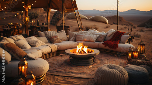 Conversation circular seating pit in the desert sand around camp fire