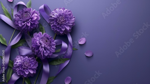 Elegant purple dahlias with vibrant green leaves and ribbons on a matching purple background.