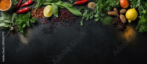 Selection of spices herbs and greens Ingredients for cooking Food background on black slate table Top view copy space