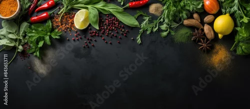 Obraz  z motywem Selection of spices herbs and greens Ingredients for cooking Food background on black slate table Top view copy space
