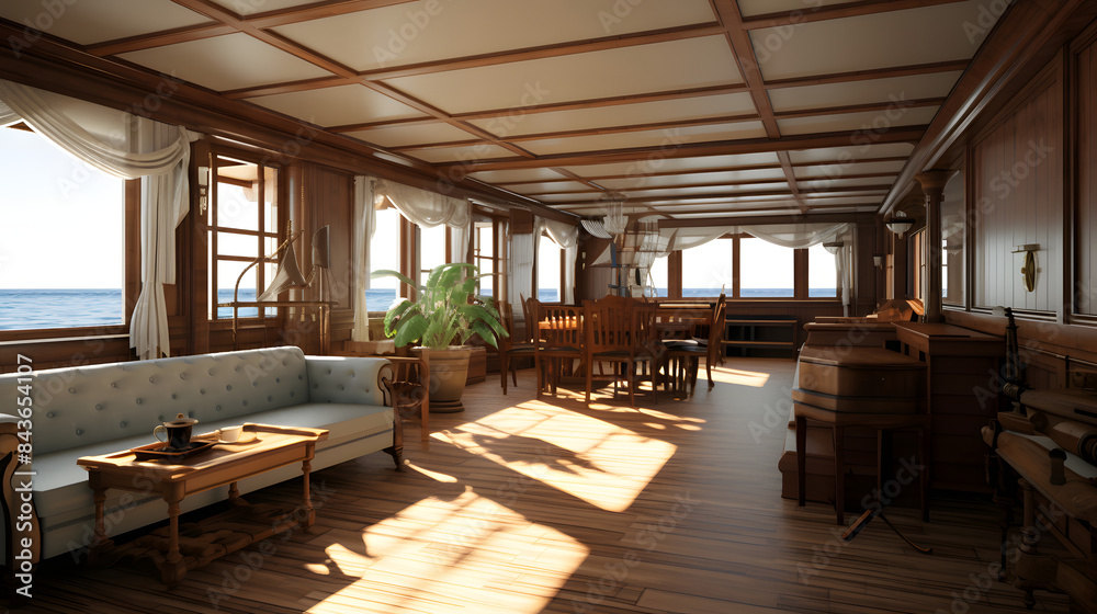 A spacious sunlit living room with wooden furniture and a view of the garden, perfect for relaxation. A spacious sunlit living room with wooden furniture and a view of the garden, perfect for relaxation.