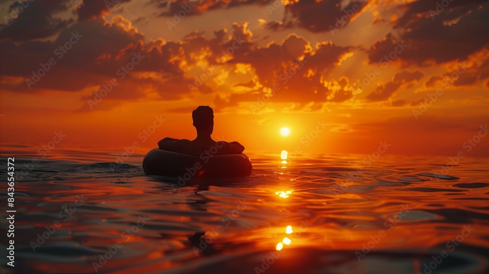 Silhouette of a person floating on an inflatable tube during a vibrant orange sunset over the ocean. Silhouette of a person floating on an inflatable tube during a vibrant orange sunset over the ocean.