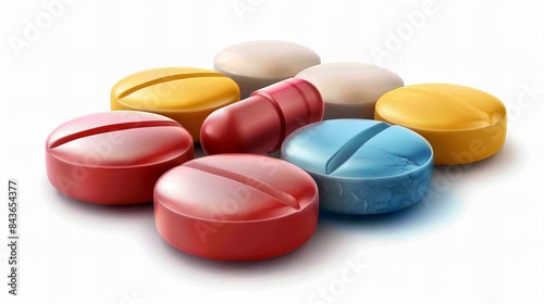 Various colorful pills and capsules arranged on a white background symbolizing medication and healthcare.